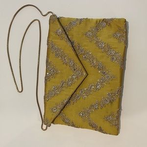 Simtri Designs Yellow and Gold embroidered envelope clutch with detachable chain